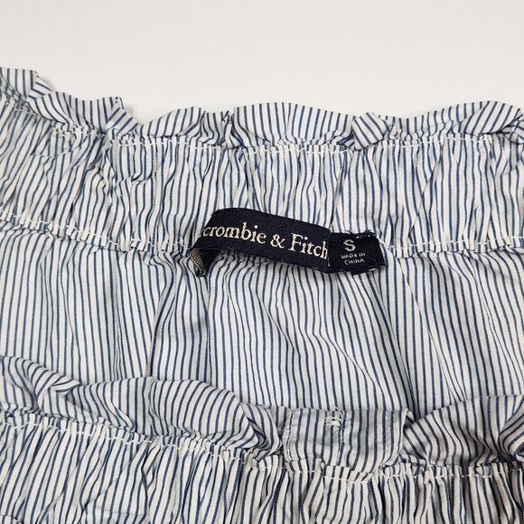 Abercrombie & Fitch Top Womens Small White Blue Pin Stripe Off Shoulder Ruffle - Picture 2 of 7